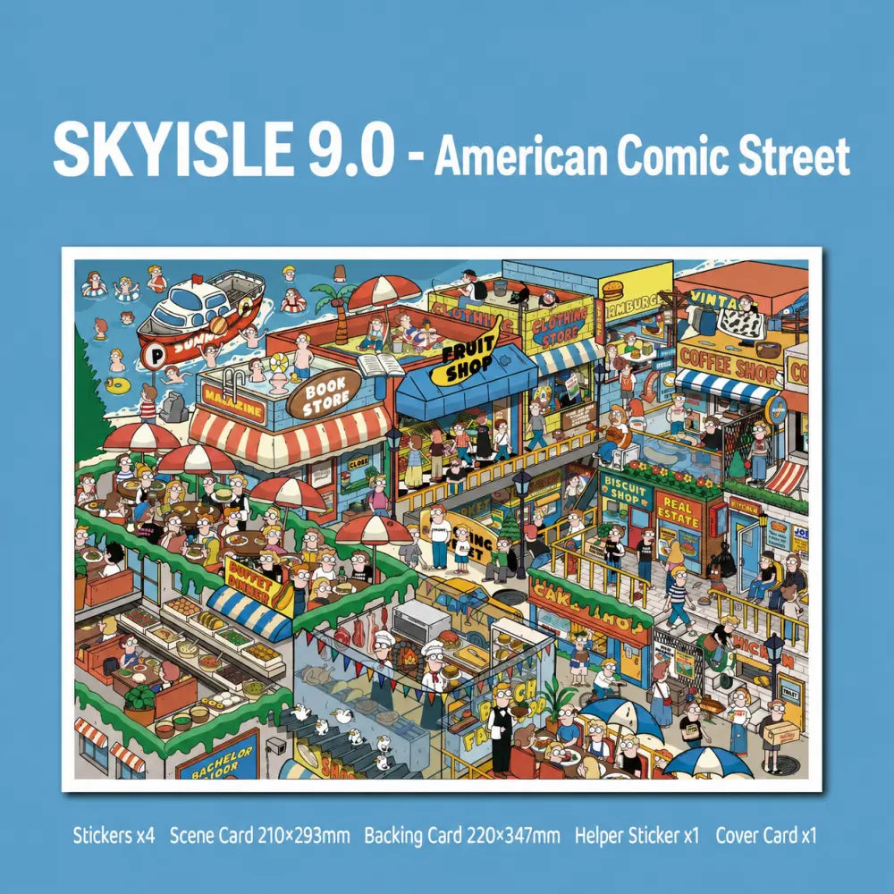 Skyisle American Comic Street scene sticker kit overview with cartoon street-view miniature scenes