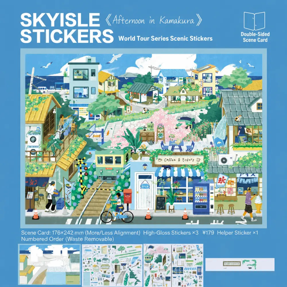 Skyisle Around the World scene sticker kit contents with travel scene cards and sticker sheets