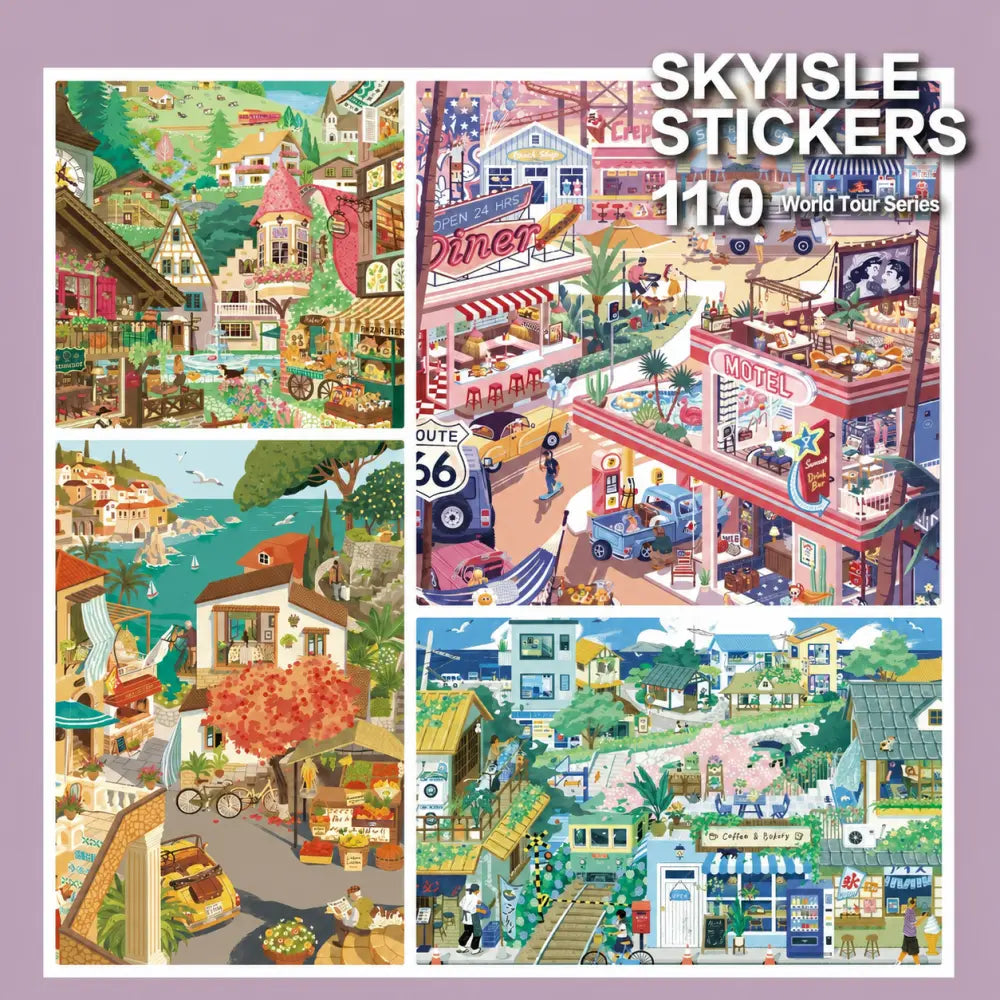 Skyisle Around the World scene sticker kit overview with travel-themed miniature scenes