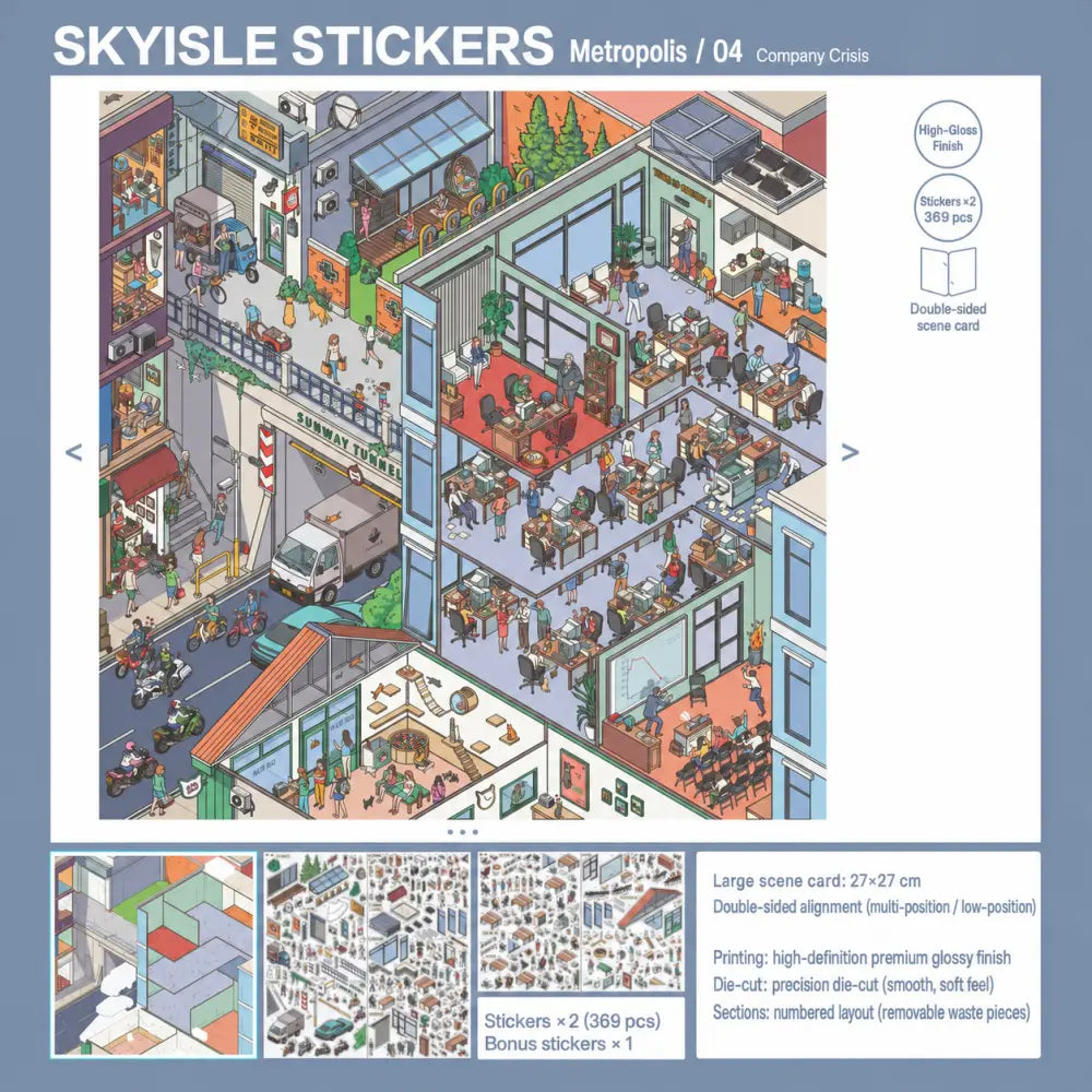 Skyisle Big City scene sticker kit package contents and sticker sheets