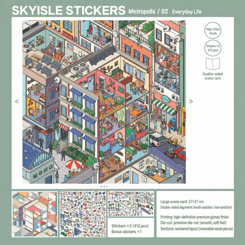 Big city room and interior miniature scene from the Skyisle scene sticker kit