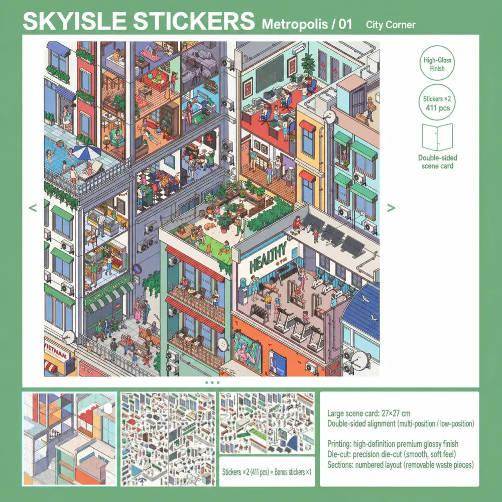 Big city miniature street view scene from the Skyisle scene sticker kit
