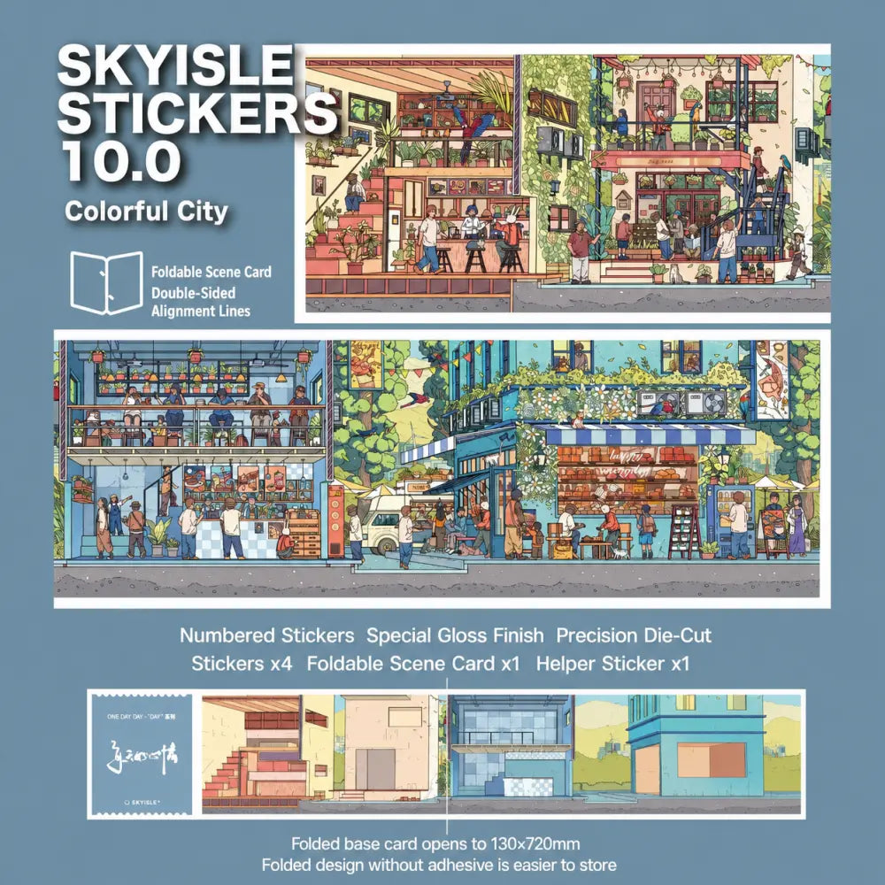 Skyisle Colorful City scene sticker kit contents with scene cards and sticker sheets