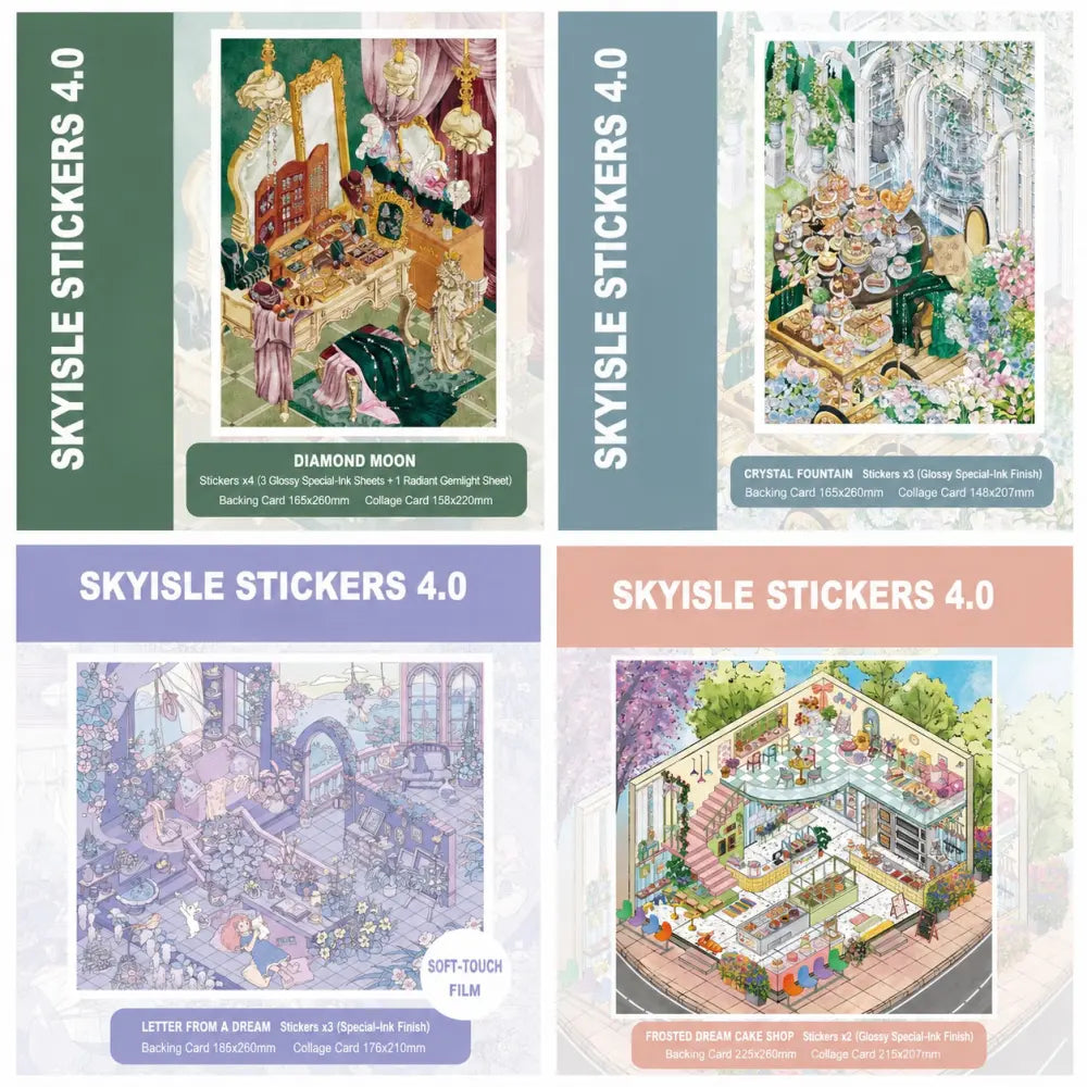 Skyisle Diamond Tears scene sticker kit overview with dreamy miniature vanity, crystal, and cake shop scenes