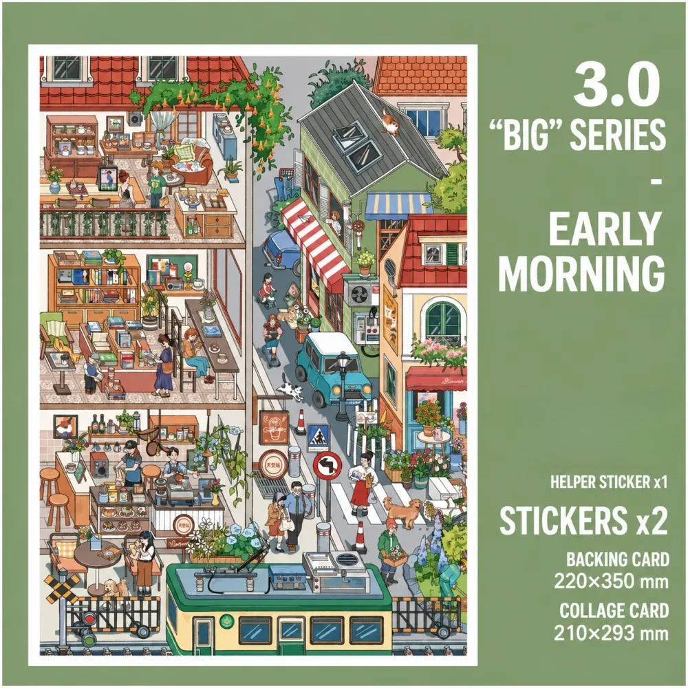 Skyisle Morning to Night City scene sticker kit contents with scene cards and sticker sheets