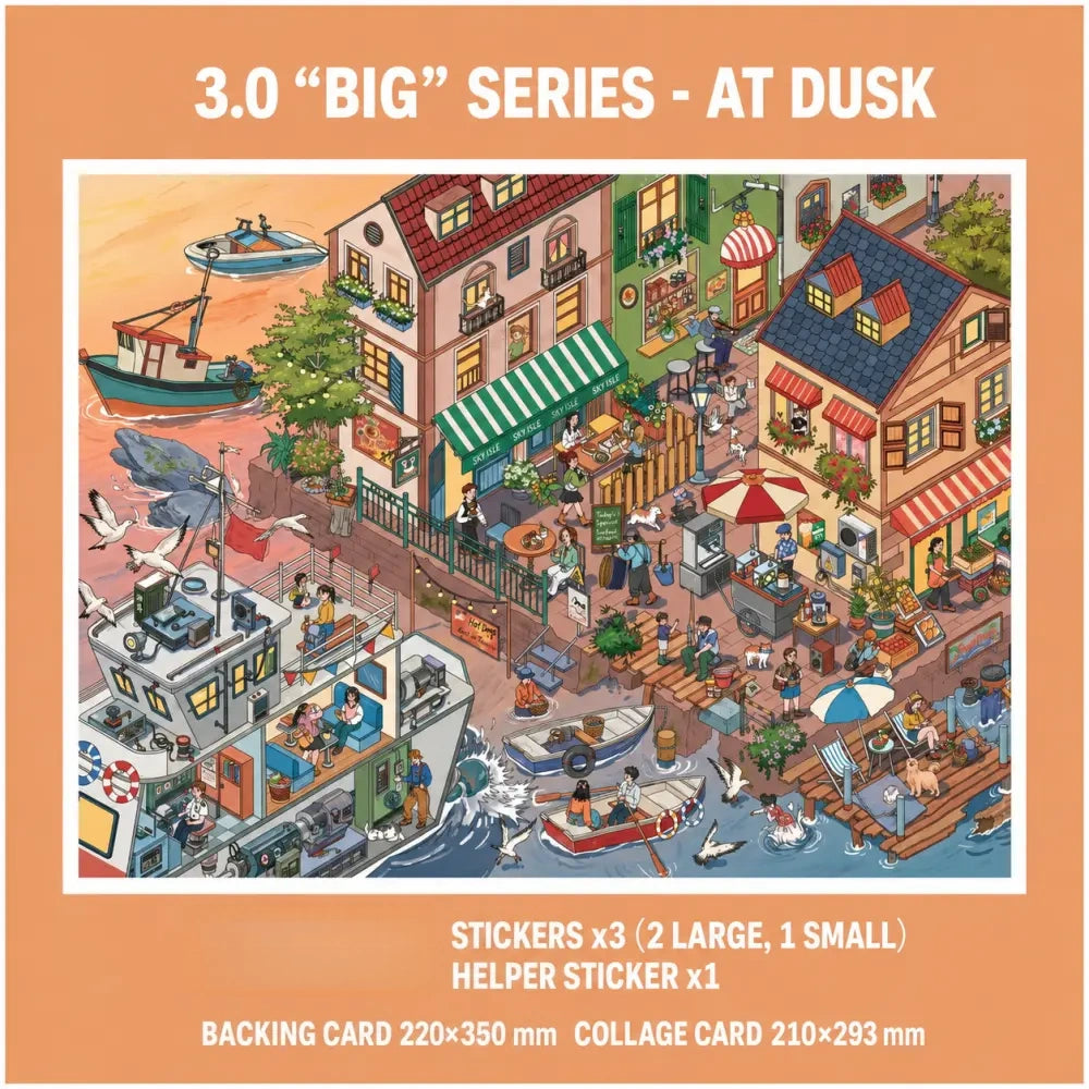 Skyisle evening city 3D-look miniature scene sticker design