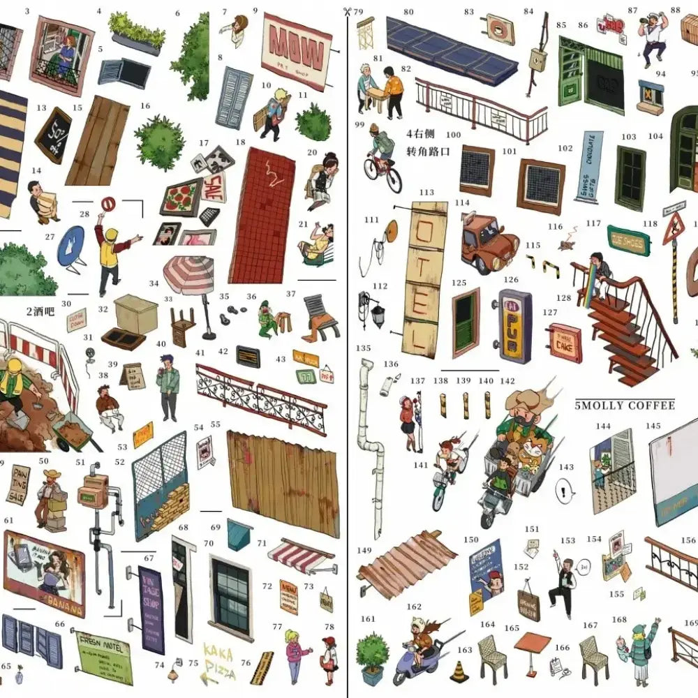 Skyisle Small Town Library scene sticker kit detail showing layered miniature sticker pieces