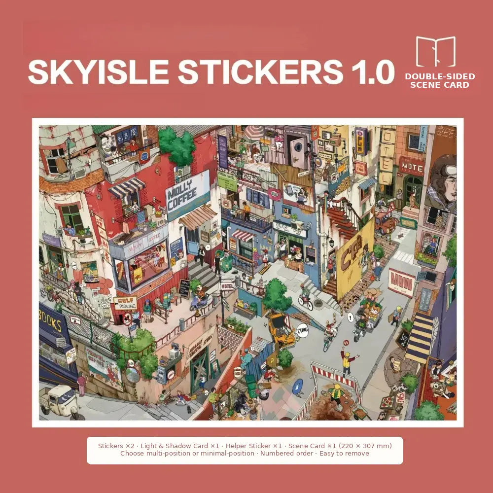 Skyisle Small Town Library scene sticker kit overview with miniature town and library scene designs
