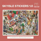 Skyisle Small Town Library scene sticker kit overview with miniature town and library scene designs