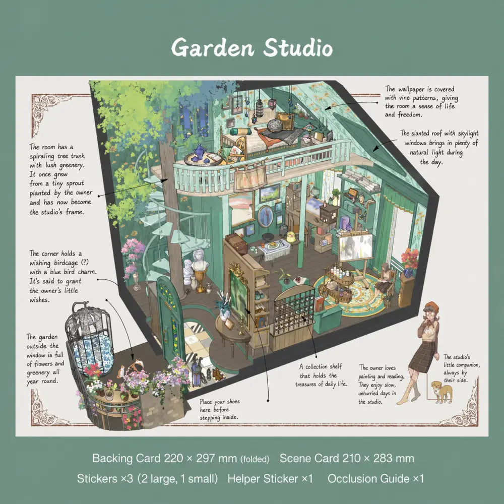 Skyisle Utopia Sketchbook scene sticker kit contents with sketch-style scene cards and sticker sheets