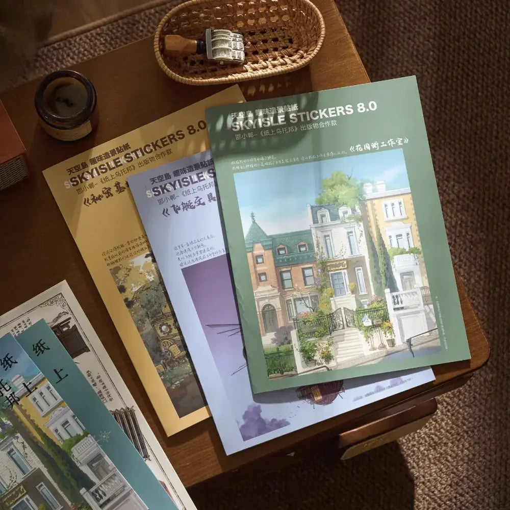 Skyisle Utopia Sketchbook scene sticker kit overview with architectural sketch-style miniature scenes