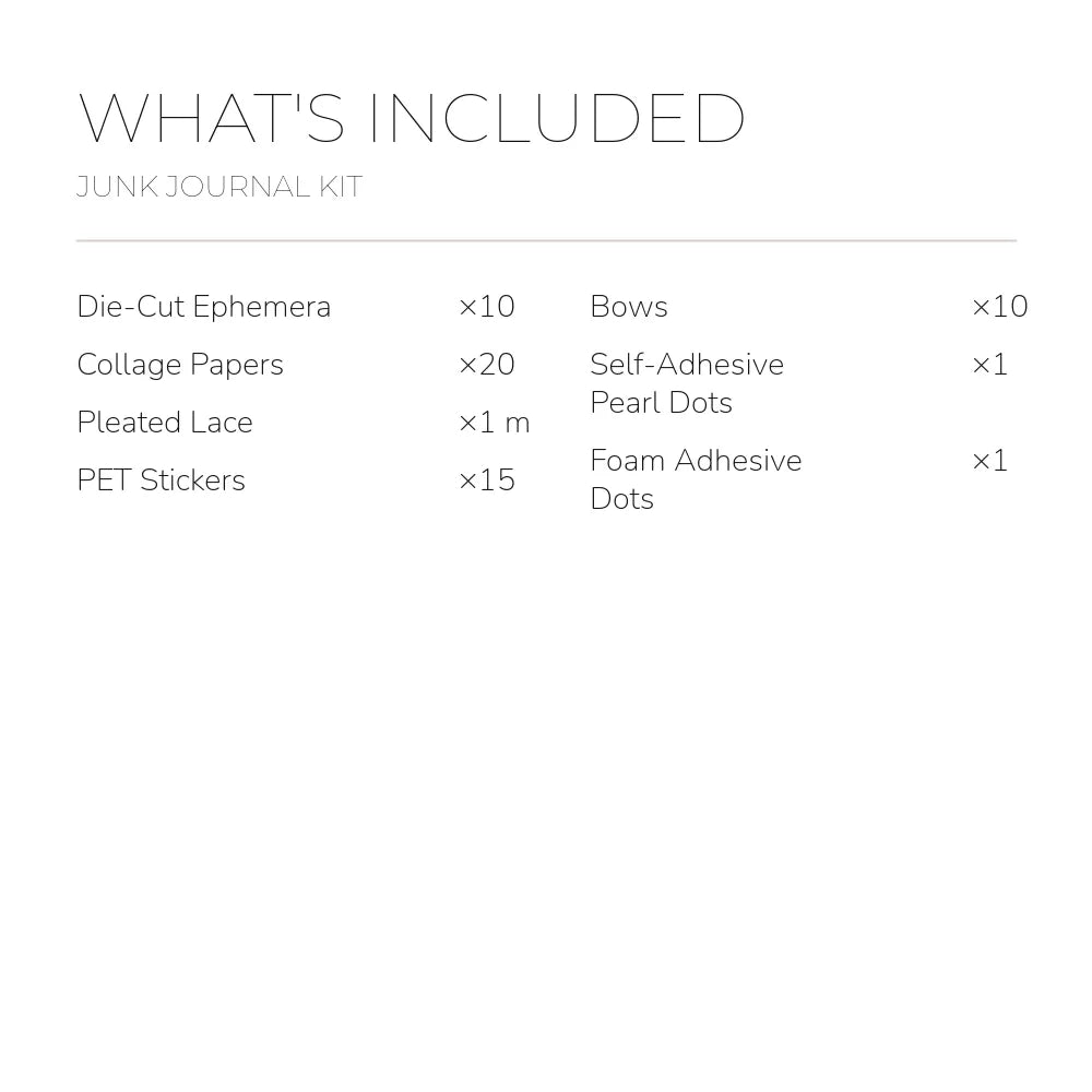 English contents list for the Snowbound Dreams Junk Journal Kit with included item names and quantities