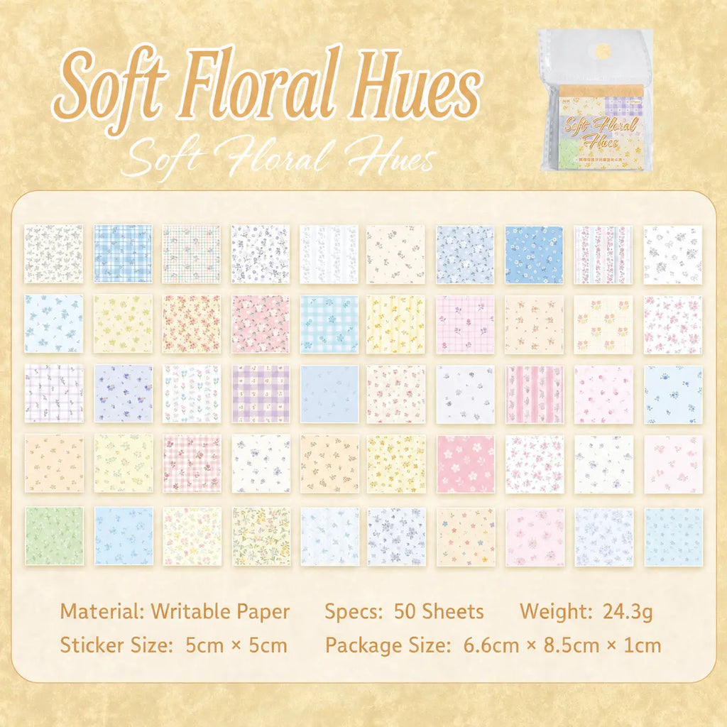 Soft Floral Hues set with 50 pastel floral, botanical, and lightly patterned paper stickers
