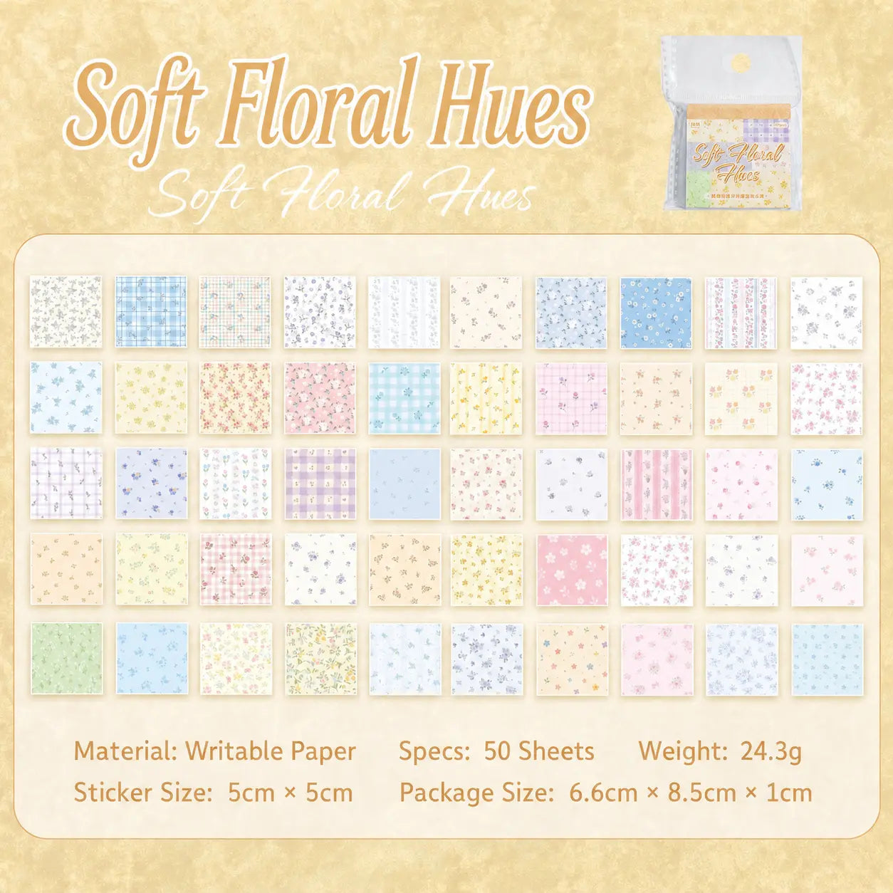Soft Floral Hues set with 50 pastel floral, botanical, and lightly patterned paper stickers