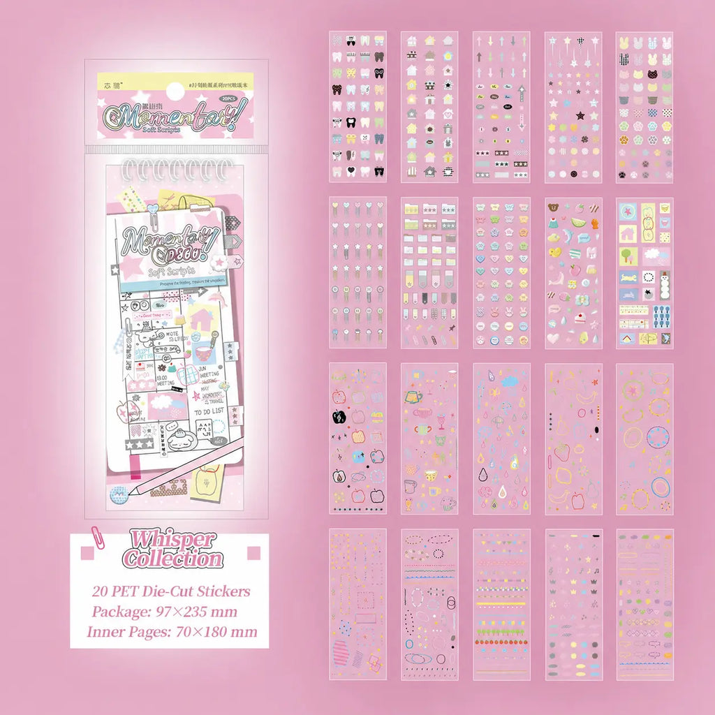 Overview of the Soft Scripts Journaling Sticker Book showing 20 PET die-cut sticker pages and size details