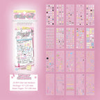 Overview of the Soft Scripts Journaling Sticker Book showing 20 PET die-cut sticker pages and size details