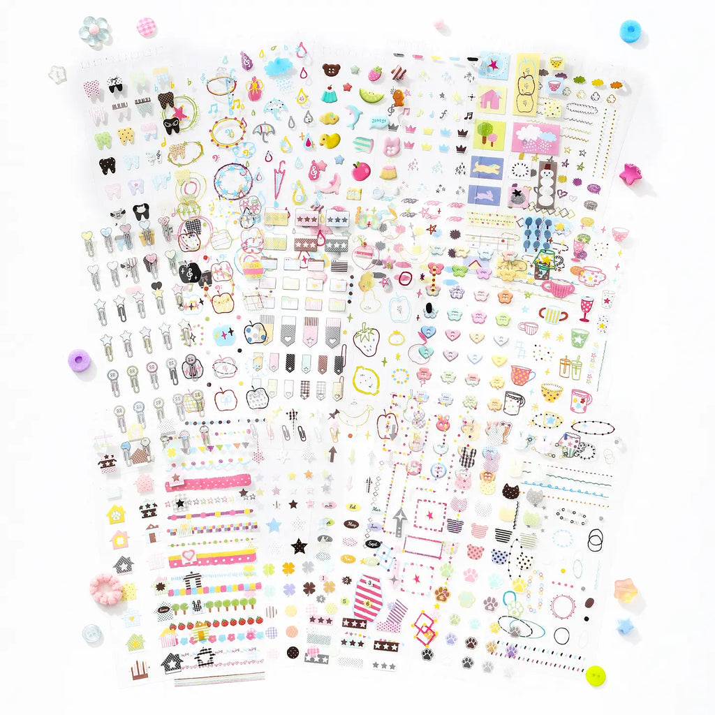 Full layout of Soft Scripts Journaling Sticker Book pages with pastel icons, labels, borders, paw prints, and decorative accents