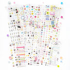 Full layout of Soft Scripts Journaling Sticker Book pages with pastel icons, labels, borders, paw prints, and decorative accents