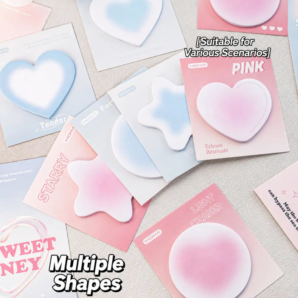 Soft Shape Hearts and Clouds sticky notes color detail with pink and blue memo shapes for creative journaling.