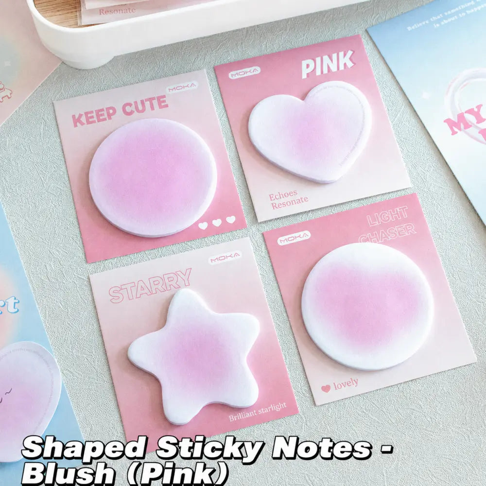 Pink Blush Soft Shape Hearts and Clouds sticky notes with heart, cloud, and star shapes for planners.