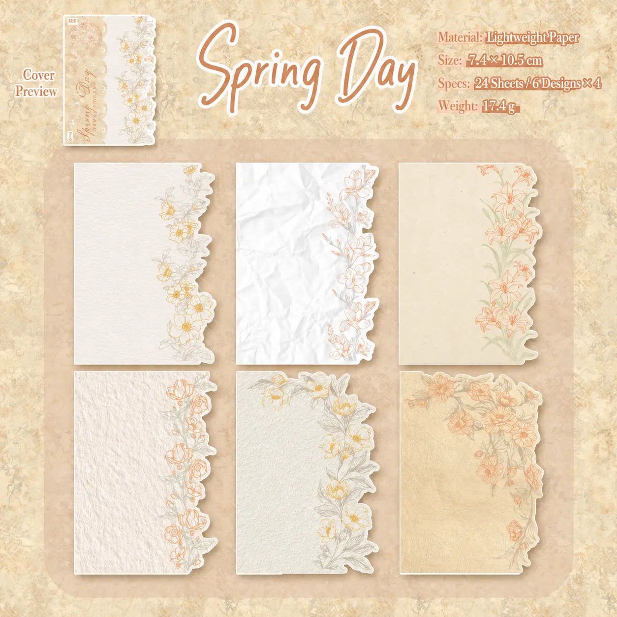 Spring Day floral journaling sticker pack with 24 lightweight paper sheets in six botanical border designs