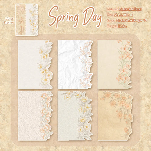 Spring Day floral journaling sticker pack with 24 lightweight paper sheets in six botanical border designs