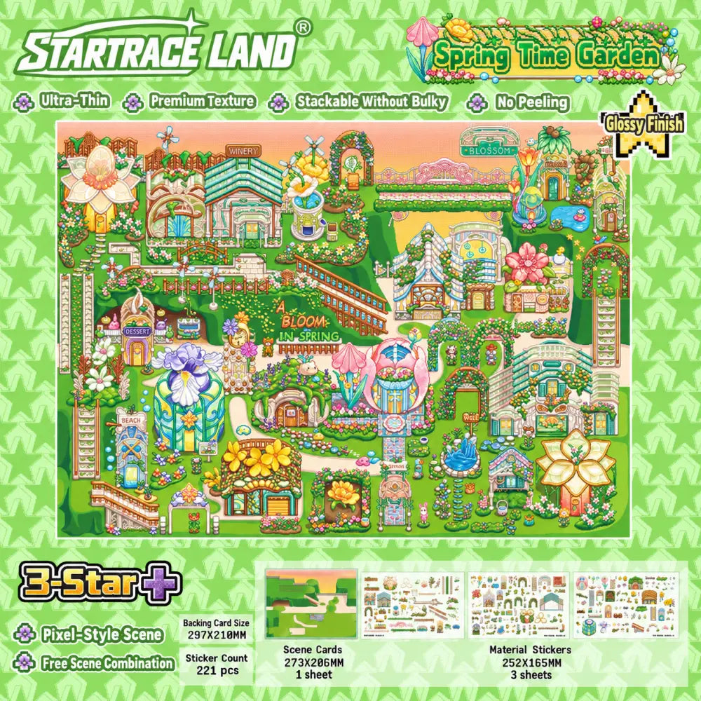 Spring Time Garden pixel-style scene sticker kit with floral buildings, garden paths, scene card, and sticker sheets