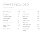 English contents list for the Springtime Flutter Junk Journal Kit with included item names and quantities