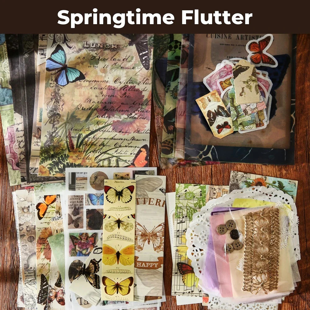Springtime Flutter Junk Journal Kit flat lay showing the coordinated papers, ephemera, stickers, and craft embellishments included in the set