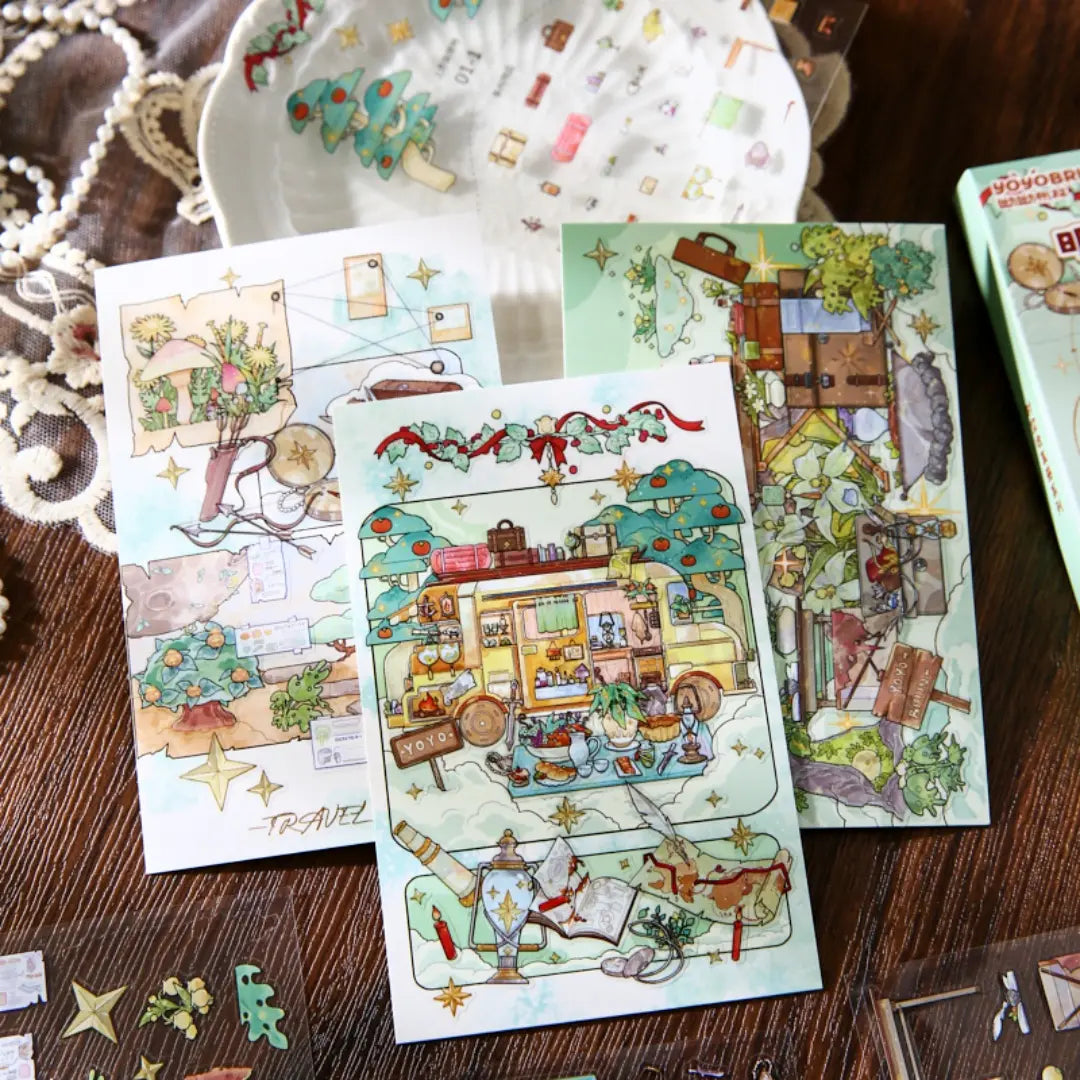 Star Travel Wonders postcard scene cards and PVC stickers shown with travel and forest journey details