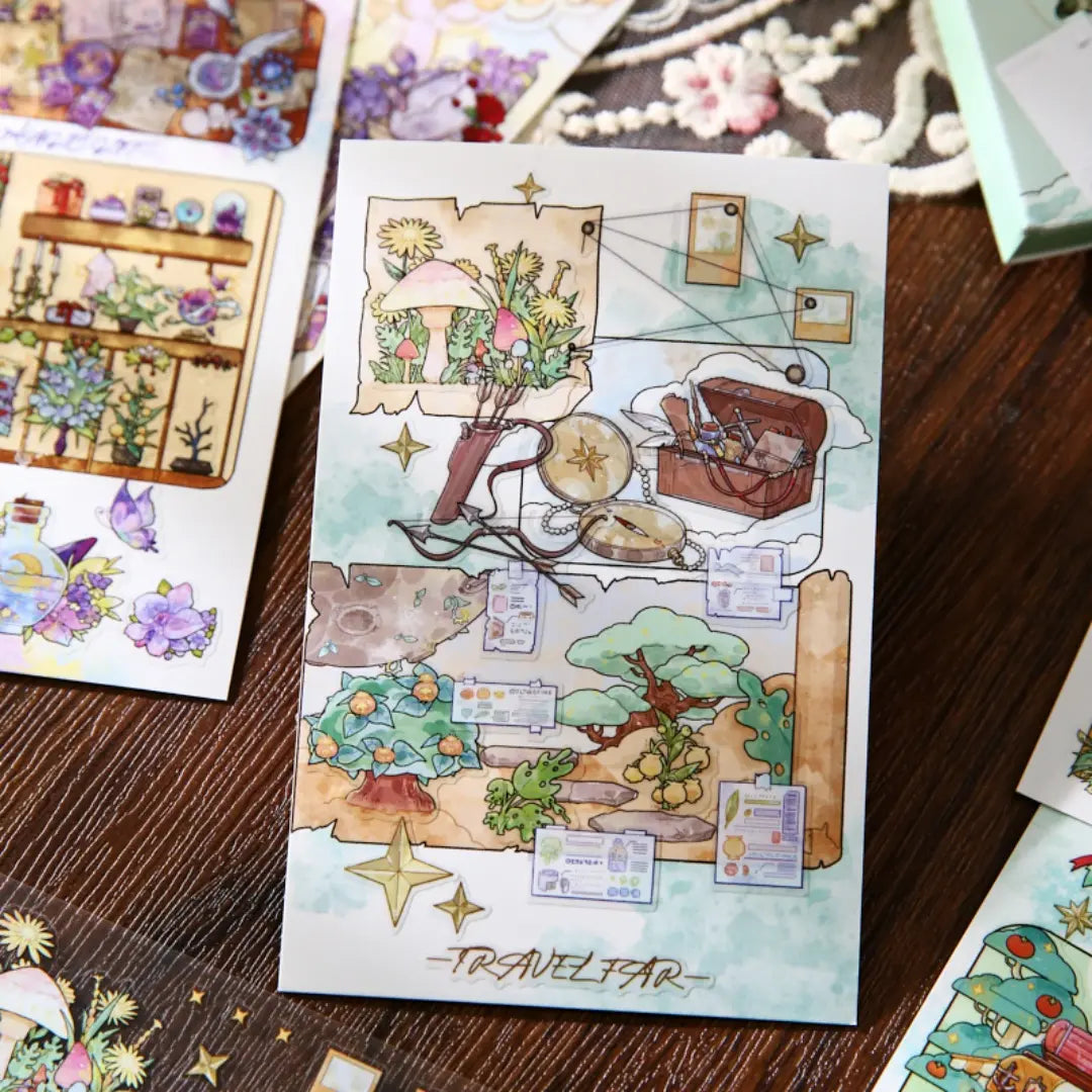 Close-up of Star Travel Wonders postcard scene with plants, notes, stars, and travel-themed decoration details`