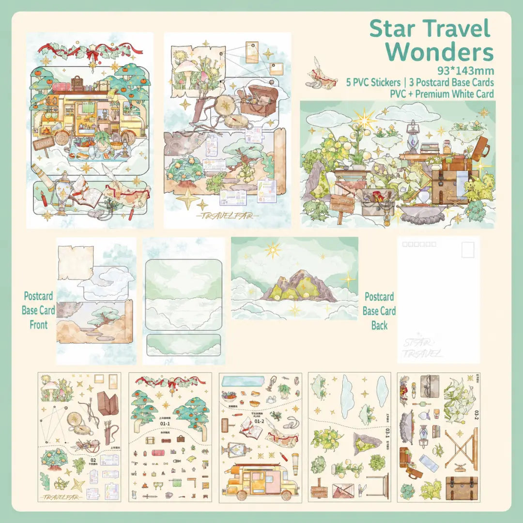 Star Travel Wonders 3D scene sticker kit overview with PVC sticker sheets and postcard base cards