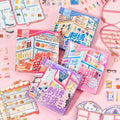 Four stitched-look miniature scene sticker kits featuring school, beauty, food, and travel themes