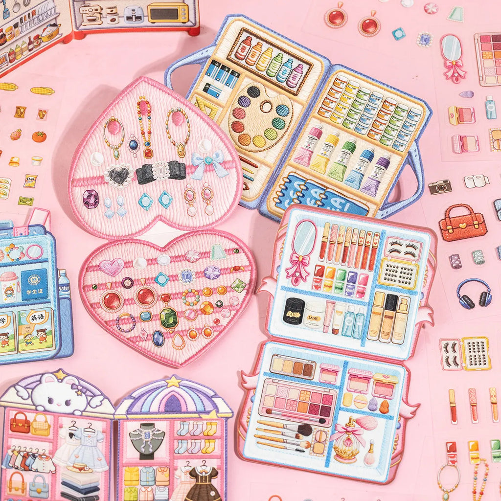 Finished stitched-look miniature scenes featuring an art case, jewelry box, makeup case, and wardrobe