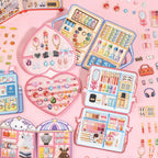 Finished stitched-look miniature scenes featuring an art case, jewelry box, makeup case, and wardrobe