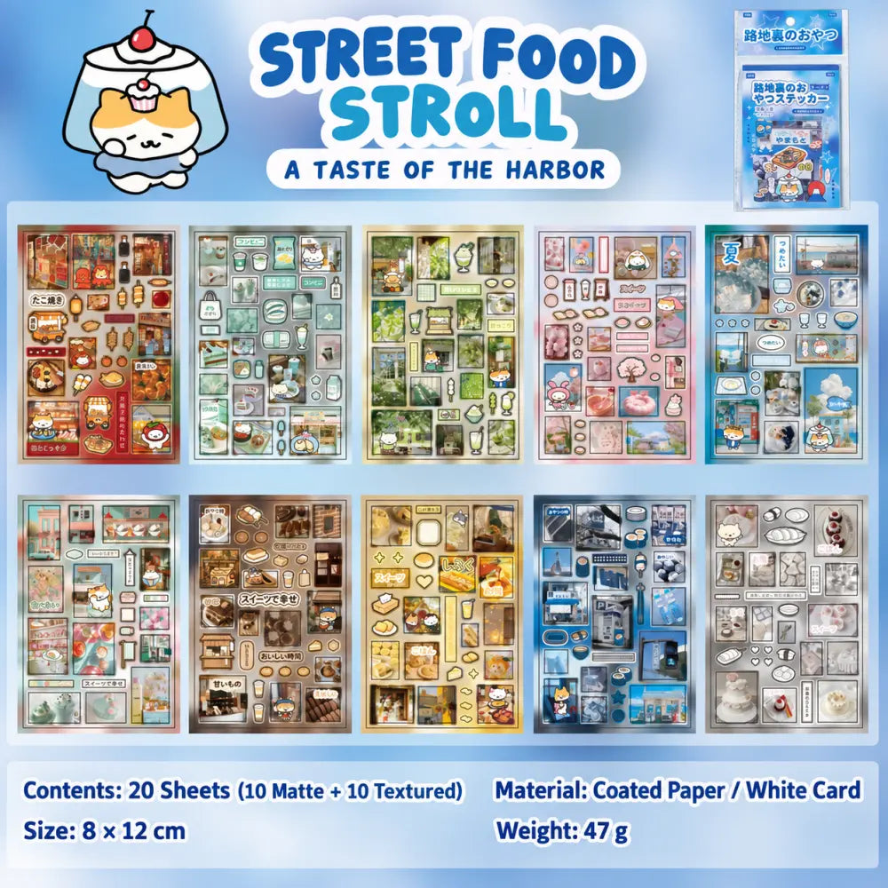 Street Food Stroll journaling sticker set with 20 street food and dessert sticker sheets