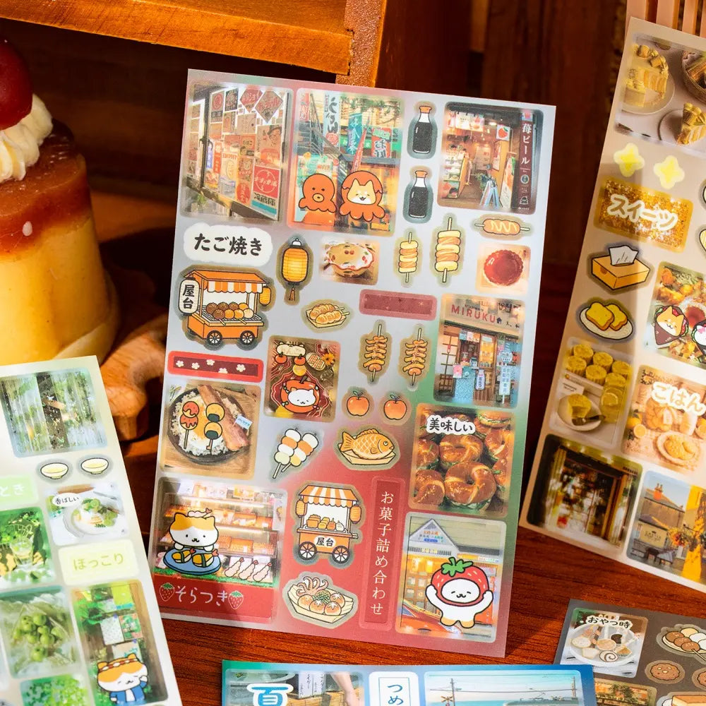 Street Food Stroll sticker sheet with takoyaki, skewers, desserts, and Japanese snack designs