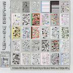 Strong Valley journaling sticker set overview showing 30 sticker sheets with pastel labels, icons, text elements, hearts, stars, and decorative accents