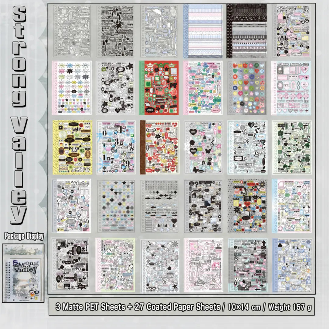 Strong Valley journaling sticker set overview showing 30 sticker sheets with pastel labels, icons, text elements, hearts, stars, and decorative accents