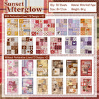 Sunset Afterglow patch stitch journaling sticker booklet overview with 50 sheets, warm plaid patterns, fruits, lace, and floral designs