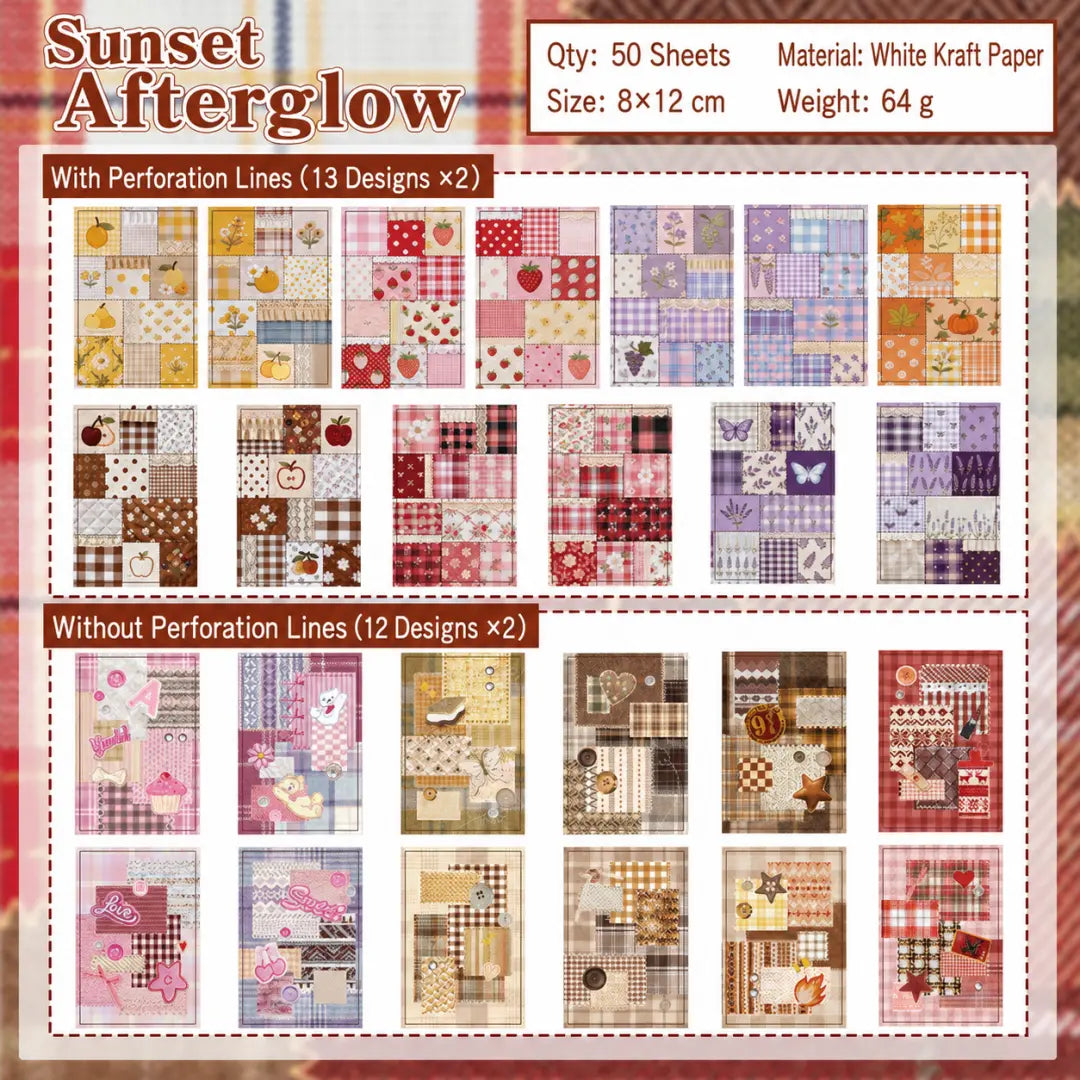 Sunset Afterglow patch stitch journaling sticker booklet overview with 50 sheets, warm plaid patterns, fruits, lace, and floral designs