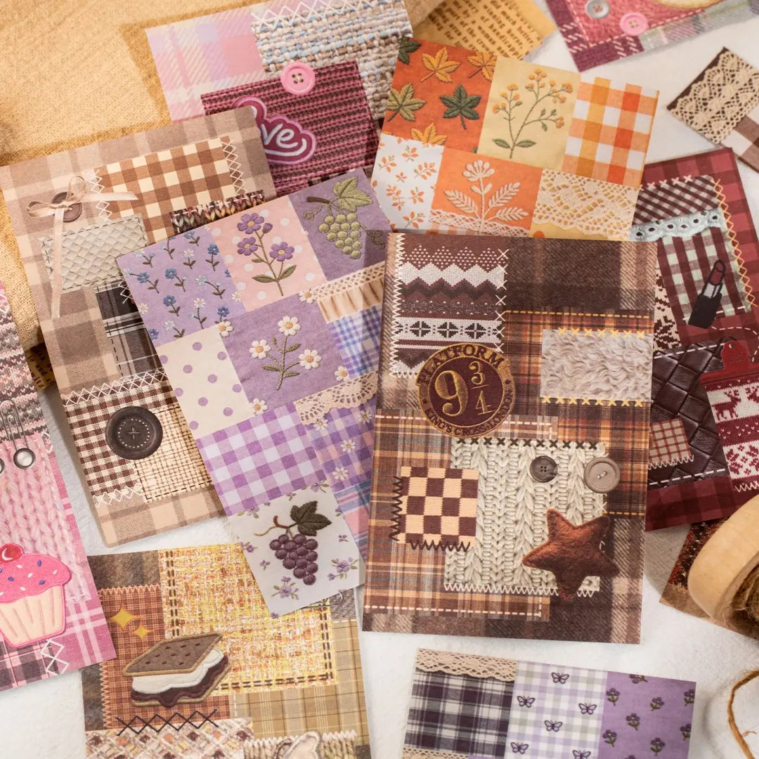 Warm patchwork journaling sticker sheets with plaid, lace, floral, button, and vintage fabric-inspired designs