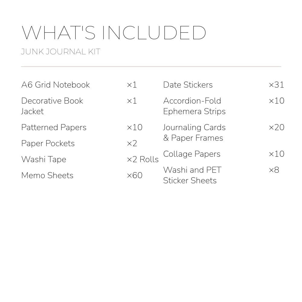 English contents list for the Sunset Whispers Junk Journal Kit with included item names and quantities