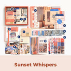 Sunset Whispers Junk Journal Kit flat lay showing the coordinated papers, ephemera, stickers, and craft embellishments included in the set