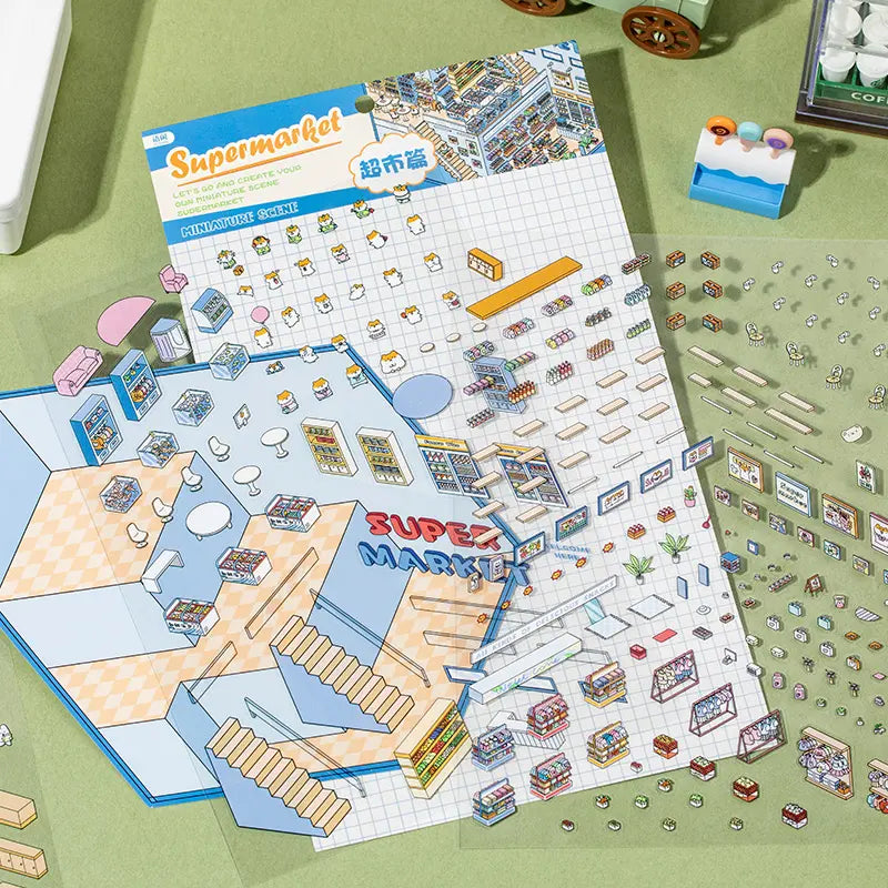 Full layout of Supermarket 3D Scene Sticker Kit with scene card and sticker sheets