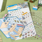 Full layout of Supermarket 3D Scene Sticker Kit with scene card and sticker sheets