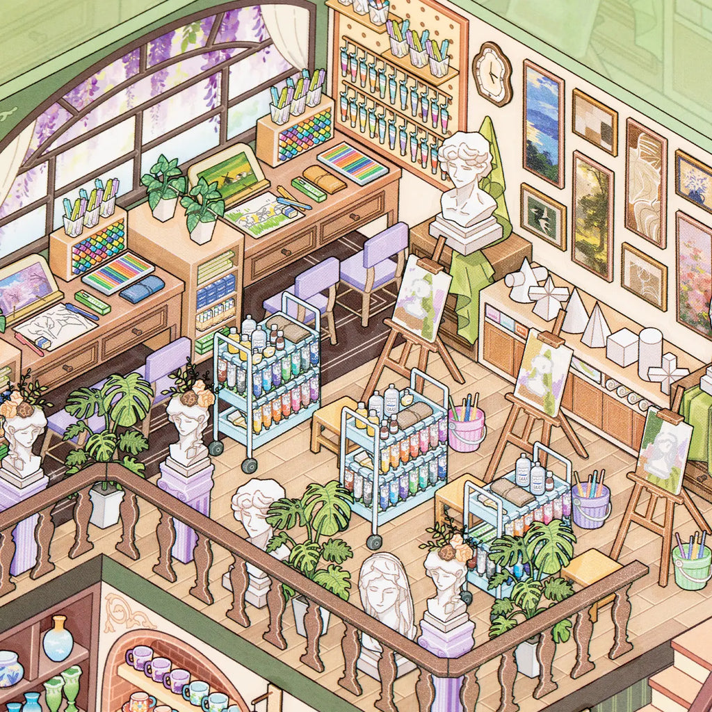 Art studio scene detail from Supermarket Organizer 3D Scene Sticker Book