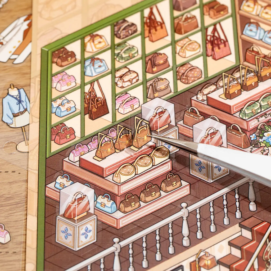 Placing bag display stickers onto a shop scene card from Supermarket Organizer sticker book
