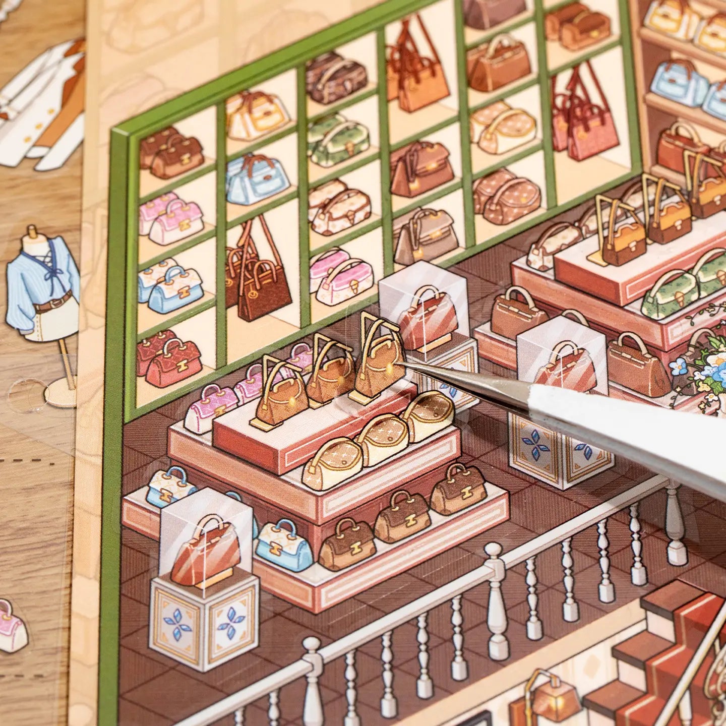 Placing bag display stickers onto a shop scene card from Supermarket Organizer sticker book