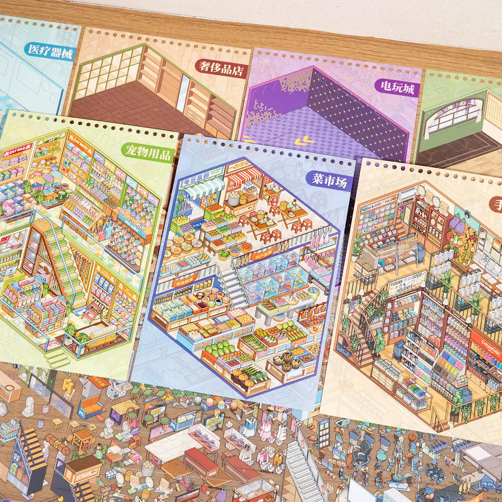 Multiple shop scene cards from Supermarket Organizer Spiral 3D Scene Sticker Book